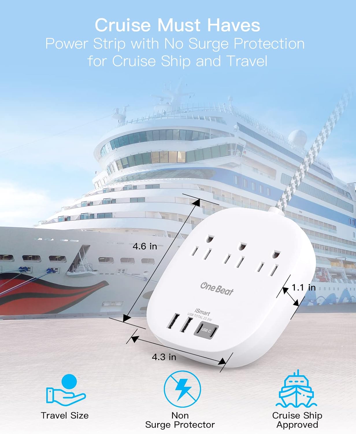 One Beat Flat Plug Power Strip, 5ft Flat Extension Cord, 3 Outlets 4 USB Ports (2 USB C) 22.5W/4.5A Desktop Charging Station Power Strip No Surge Protection, Cruise Ship Dorm Room Travel Essentials - Image 5
