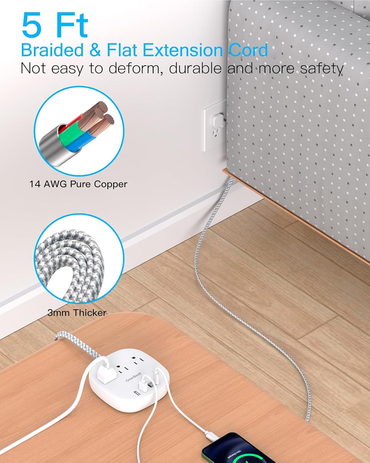 One Beat Flat Plug Power Strip, 5ft Flat Extension Cord, 3 Outlets 4 USB Ports (2 USB C) 22.5W/4.5A Desktop Charging Station Power Strip No Surge Protection, Cruise Ship Dorm Room Travel Essentials - Image 6