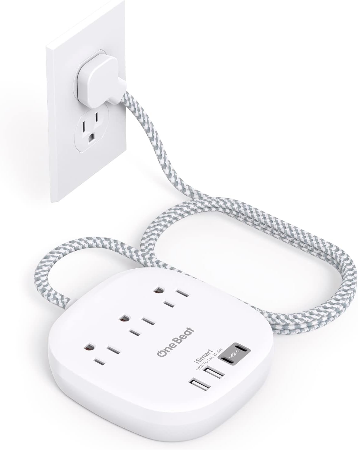 One Beat Flat Plug Power Strip, 5ft Flat Extension Cord, 3 Outlets 4 USB Ports (2 USB C) 22.5W/4.5A Desktop Charging Station Cruise Ship Power Strip No Surge Protection, Dorm Room Travel Essentials