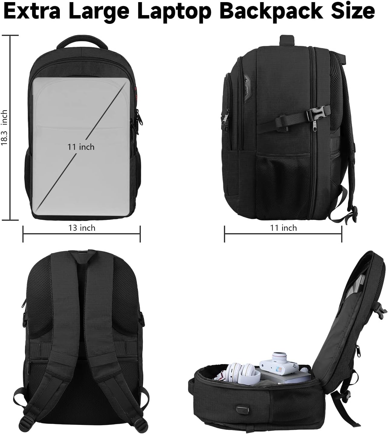 Travel Backpack, Large Carry on Backpack, 17 Inch Laptop Bag, Big Sturdy TSA-Friendly with USB Port College School Rucksack Bag, Gifts for Him Men Women, Black - Image 3