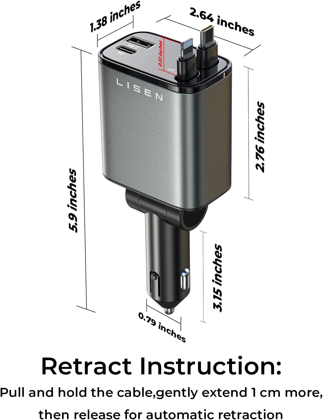 LISEN Retractable Car Charger, 69W USB C Car Accessories Adapter for iPhone 16 USBC Charger Fast Charging, Mothers Day for Gifts, Travel Essentials for Women Men, Road Trip Essentials for iPhone 16 15 - Image 6