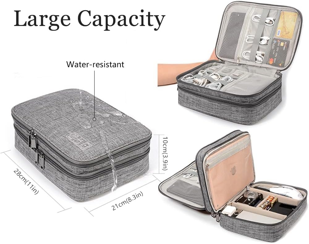 HCFGS Travel Electronics Organizer,Travel Cord Organizer Case,Tech Storage Bag Extra Large 3-Layers Universal Carry Cable Storage Bag for Phone, Cord, iPad (Grey) - Image 5