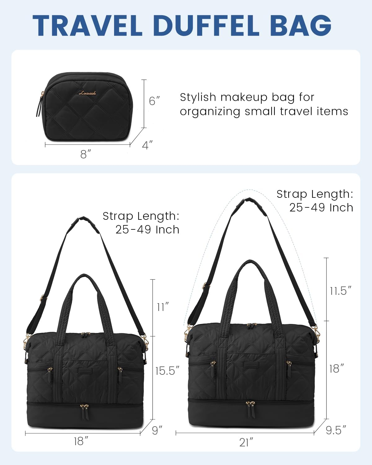 LOVEVOOK Travel Duffle Bag, Lightweight Weekender Bags for Women with Shoe Compartment, Puffer Gym Bag Personal Item Travel Bag, Quilted Overnight Bags and Hospital Bag for Labor and Delivery, Black - Image 5
