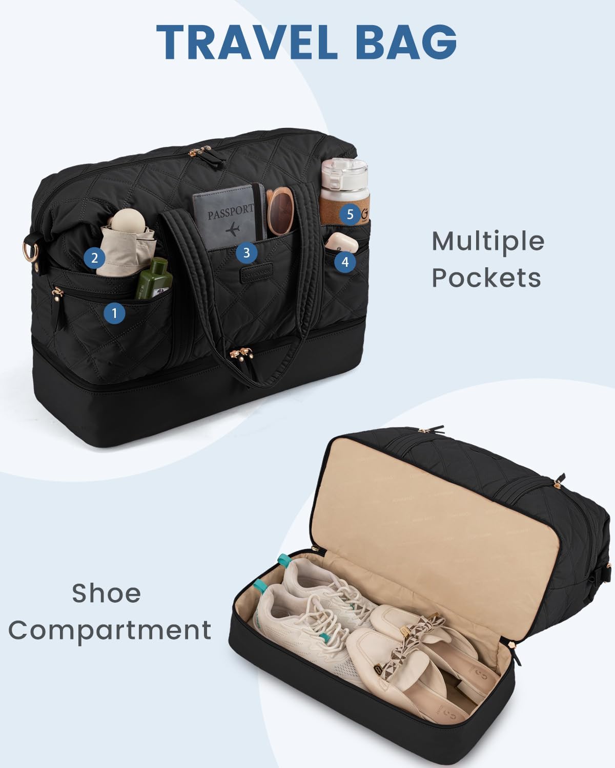 LOVEVOOK Travel Duffle Bag, Lightweight Weekender Bags for Women with Shoe Compartment, Puffer Gym Bag Personal Item Travel Bag, Quilted Overnight Bags and Hospital Bag for Labor and Delivery, Black - Image 2