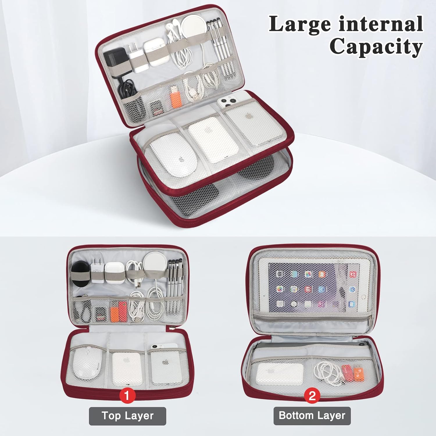 FYY Electronic Organizer, Travel Cable Organizer Bag Pouch Electronic Accessories Carry Case Portable Waterproof Double Layers All-in-One Storage Bag for Cable, Cord, Charger, Phone, Hard Drive Red - Image 3
