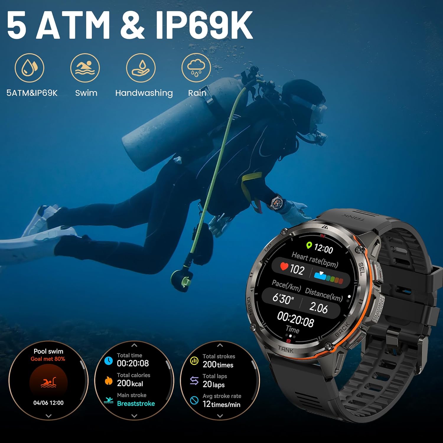 AMAZTIM GPS Smart Watch for Men, 6 Satellite Positioning, Compass, Stainless Steel Body, 50M Waterproof, 470mAh Extra-Large Battery, Answer/Make Call, 1.43" AMOLED Screen, Compatible for Android iOS - Image 5