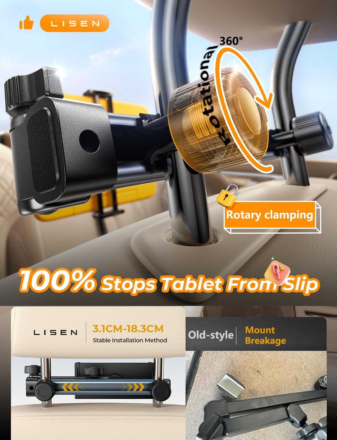 LISEN 3 in 1 for iPad Holder for Car Accessories for Women Interior Road Trip Essentials Camping Tablet Holder Backseat Car Organizer Car TV for Backseat Headrest iPad Car Mount Kids Fire Tablet - Image 8