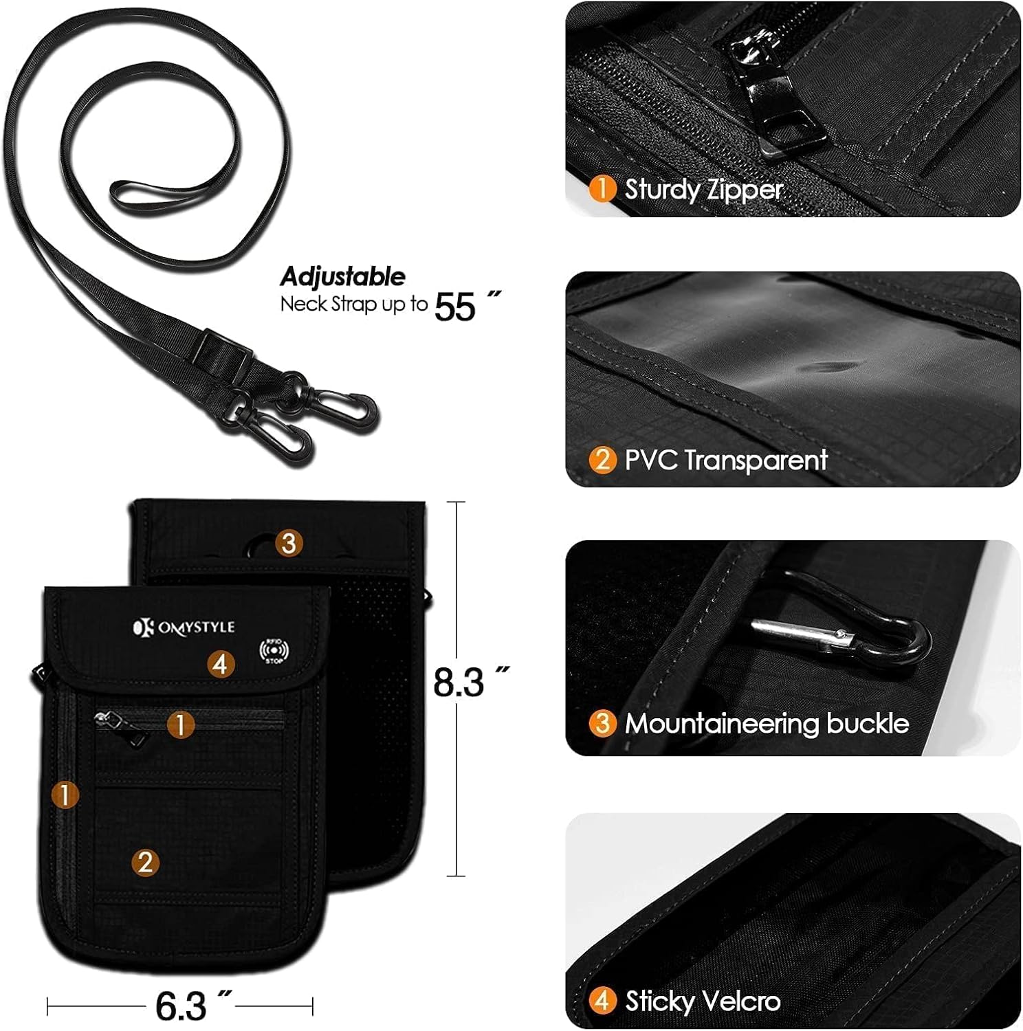OMYSTYLE Neck Wallet, RFID Passport Holder for Travel, Adjustable Neck Strap, Waterproof Neck Pouch for Men & Women to Keep Cash, Credit Cards and Documents Safe, Black (8x6) - Image 3