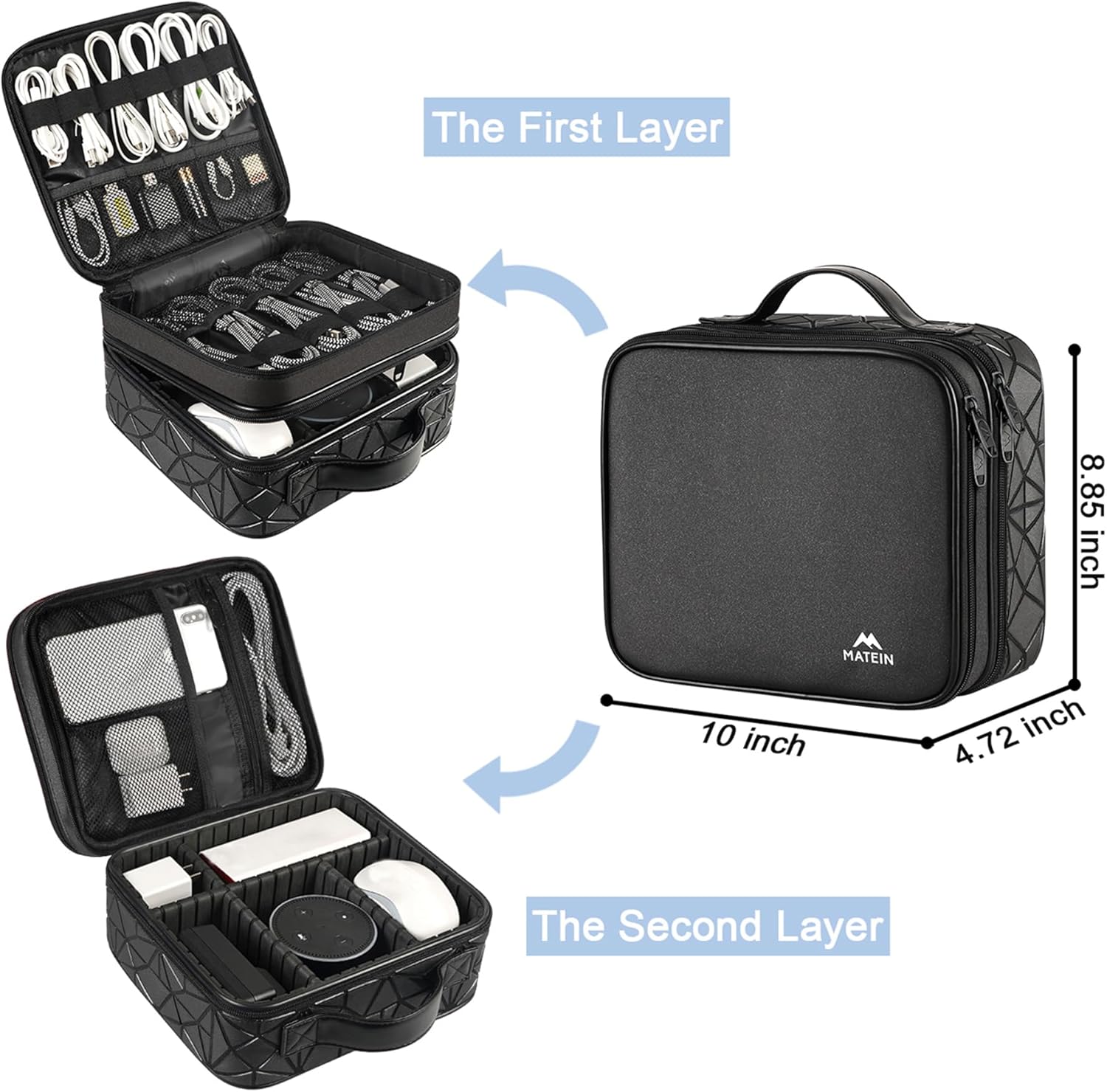 MATEIN Cable Organizer Bag, Waterproof Travel Electronic Storage with Adjustable Divider, Shockproof Portable Double Layer Tech Bag Carrying Case for Cord, Earbuds, Charger, SD Card, DJ Gifts, Black - Image 2