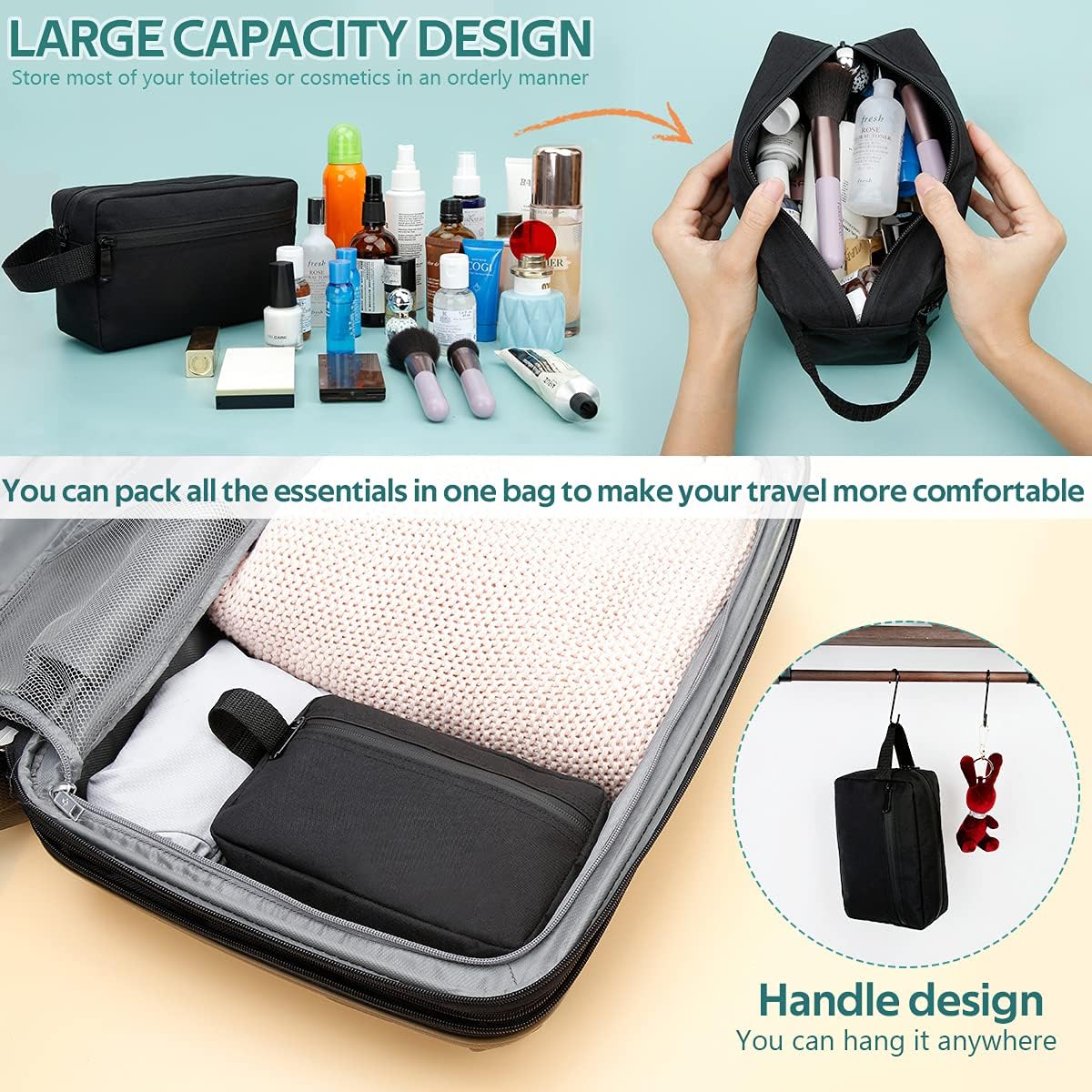 FUNSEED Travel Toiletry Bag for Women and Men, Water-resistant Shaving Bag for Toiletries Accessories, Foldable Storage Bags with Divider and Handle for Cosmetics Toiletries Brushes Tools - Image 3
