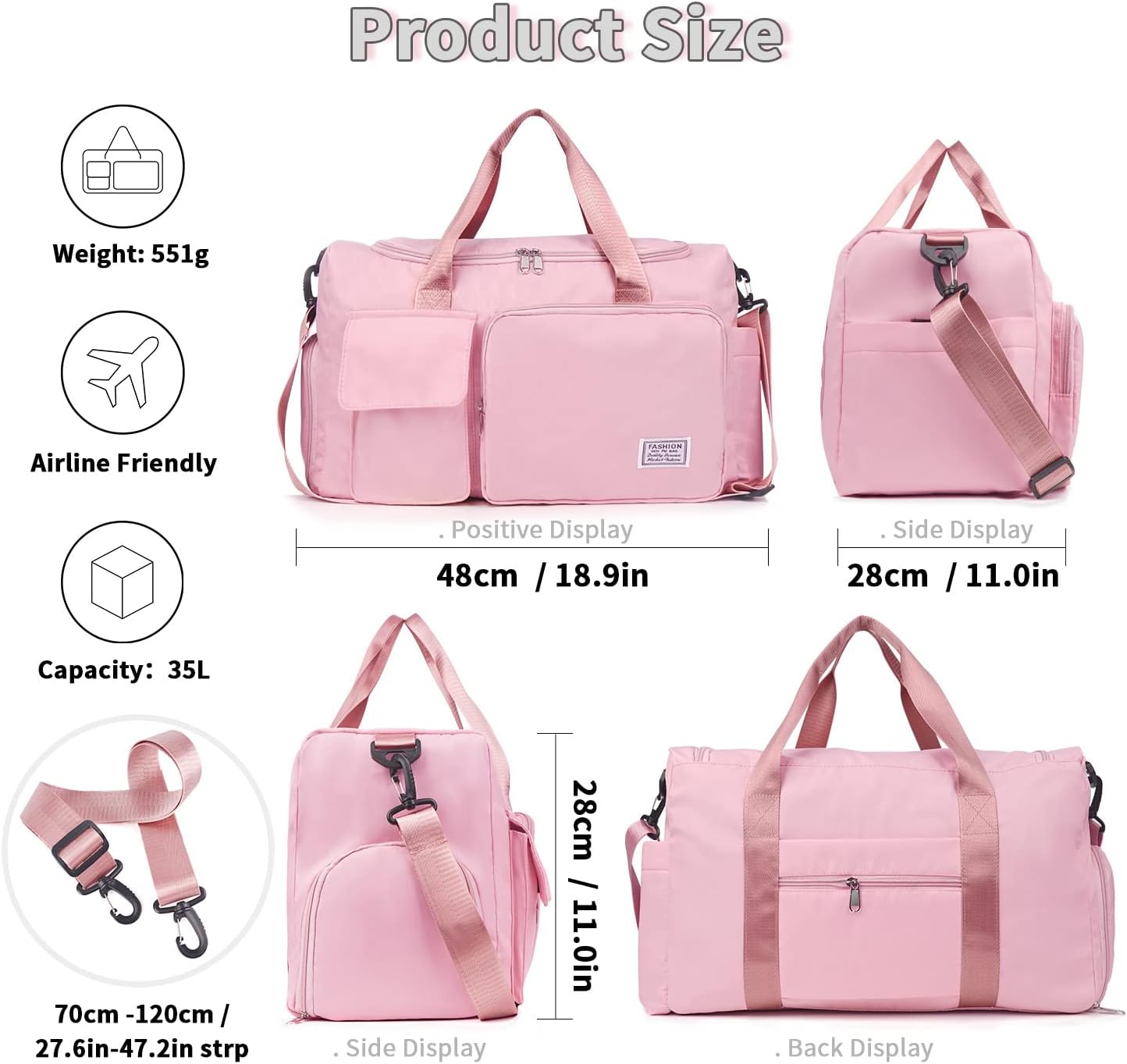 FIORETTO Women's Gym Duffle Bag with Shoes Compartment, 37L Capacity, Ideal for Travel, Gym, Sports, Duffel, Weekender - Image 3