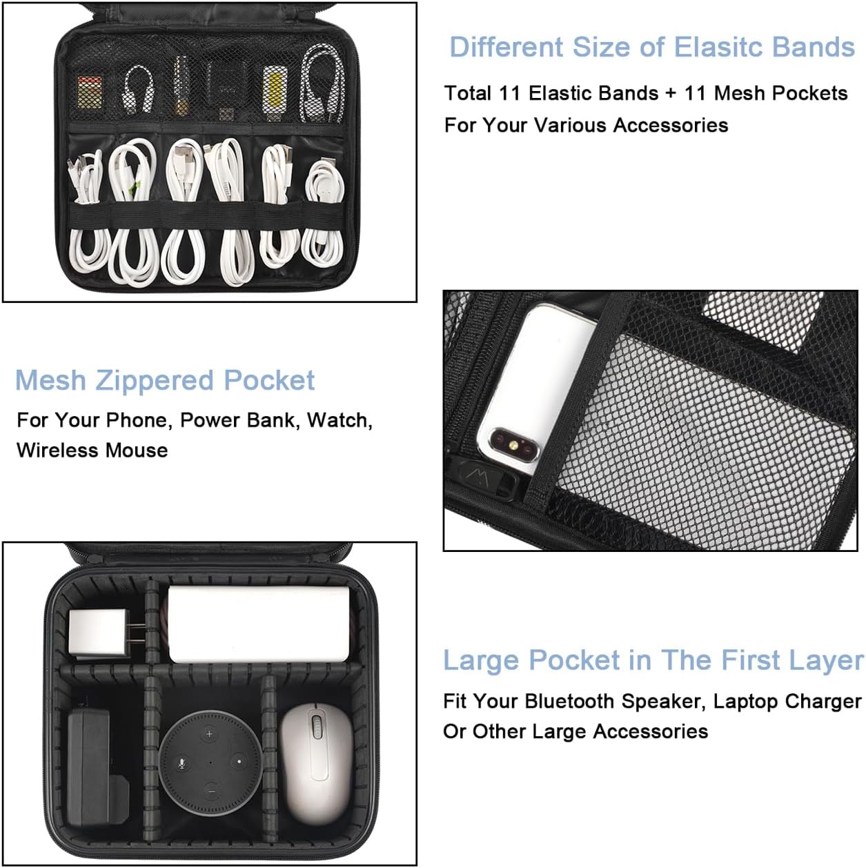 MATEIN Cable Organizer Bag, Waterproof Travel Electronic Storage with Adjustable Divider, Shockproof Portable Double Layer Tech Bag Carrying Case for Cord, Earbuds, Charger, SD Card, DJ Gifts, Black - Image 3