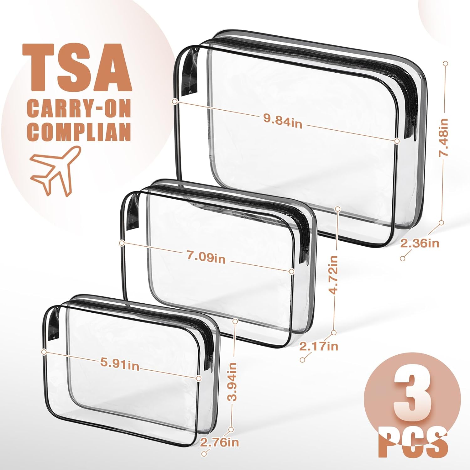3 Pack Clear Toiletry Bag, TSA Approved Makeup Pouch Water Resistant Portable Travel Organizer, Carry On PVC Cosmetic for Airport Airline Complian - Image 3