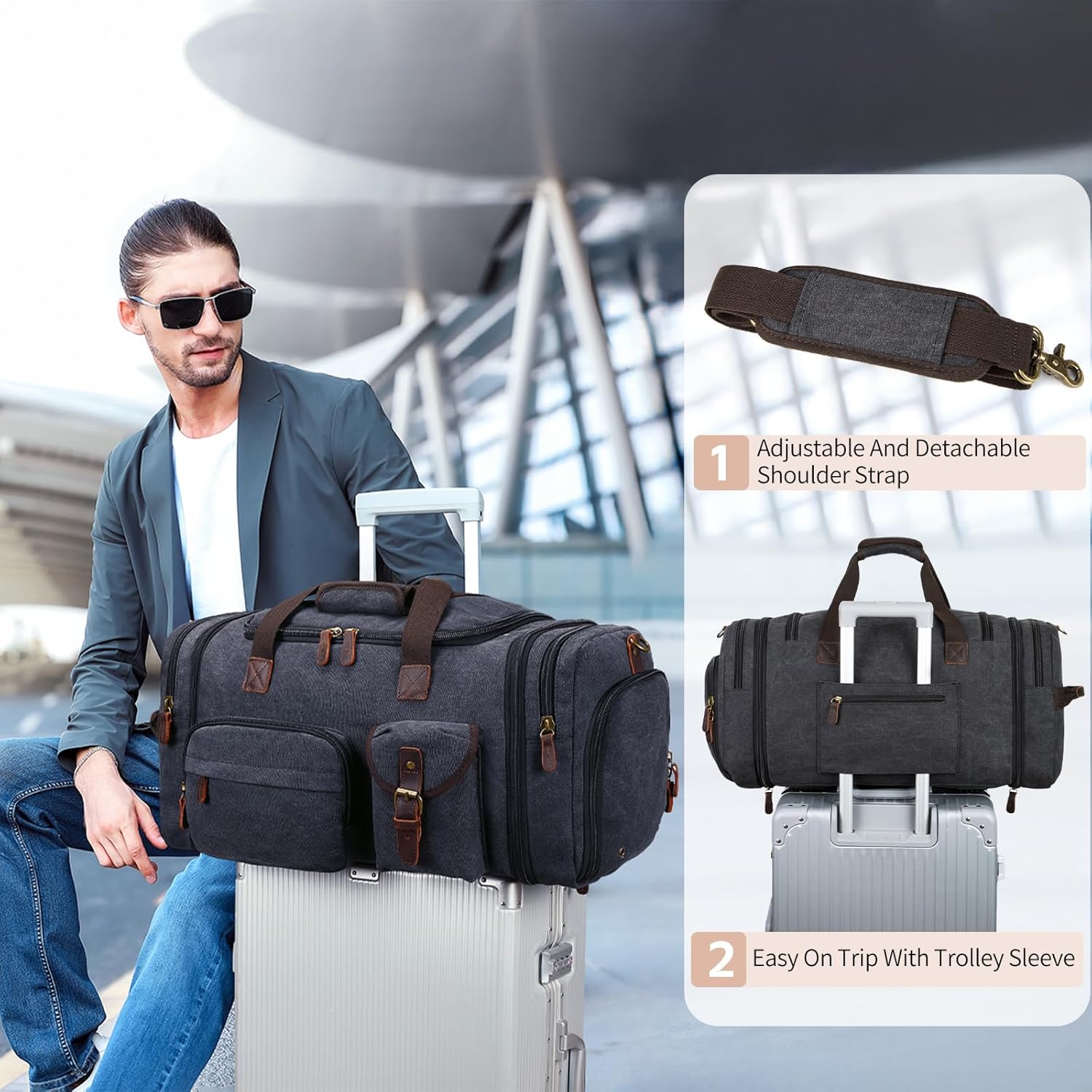 Mens Duffle Bag for Travel 3Pcs Set Travel Bags for Men 60L Expandable Canvas Bag (Dark Gray) - Image 5