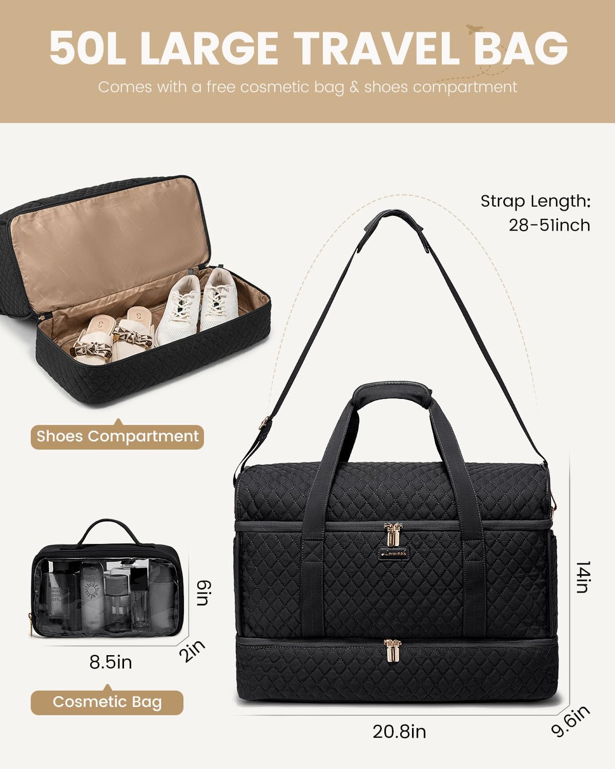 LOVEVOOK Large Travel Duffle Bag, Weekender Bags for Women With Shoe Compartment, Overnight Hospital Bag For Women Labor Delivery, Carry on Bag Personal Item Travel Bag, Yoga Gym Duffel Bag - Image 3