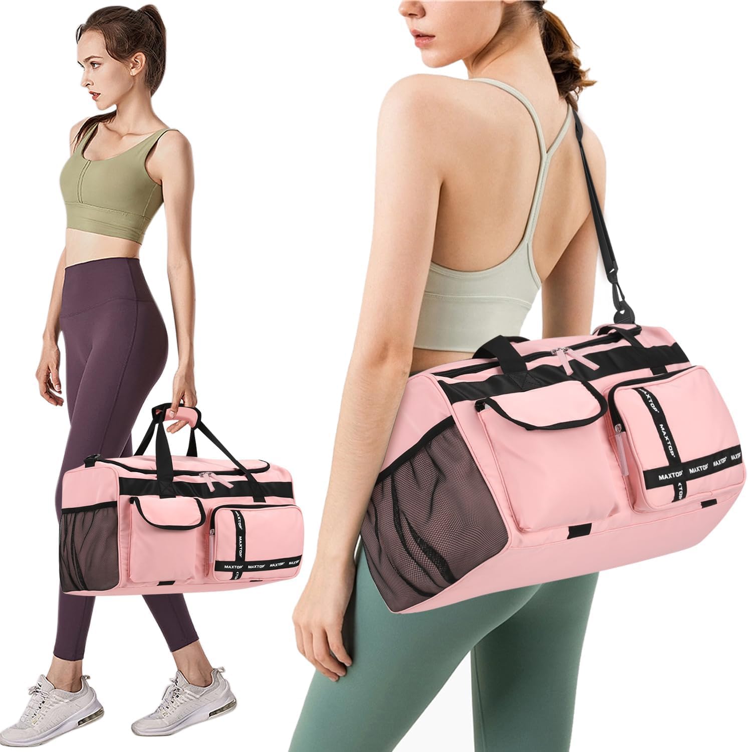 MAXTOP Gym Bag for Women Travel Duffle Carry On Tote Weekender Bag Large Capacity Pink Overnight Bag With Shoe Compartment Gym Tote with Dry and Wet Separation - Image 3