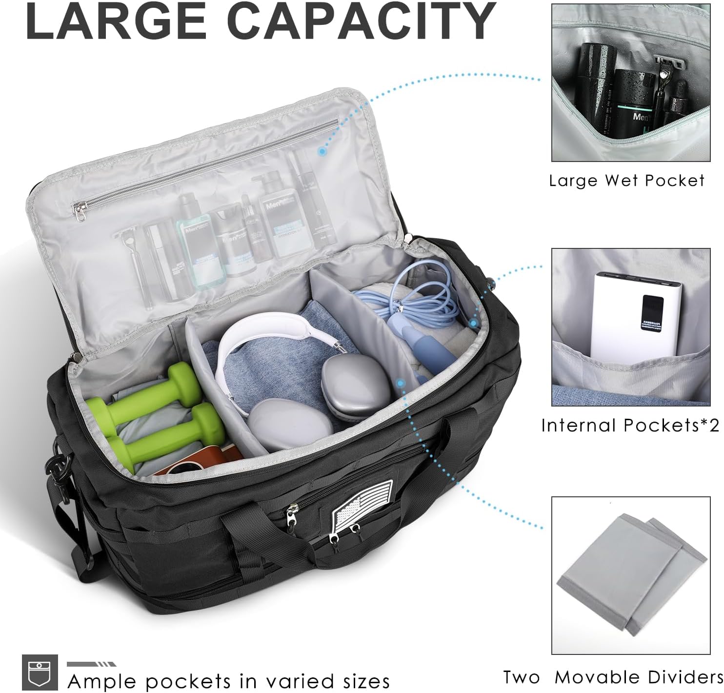 ETRONIK Travel Bag for Men Women, Gym Bag & Tactical Duffle Bags for Travel, Carry on with Toiletry Bag and Shoe Compartment, Weekender Overnight Trip with Wet Pocket for Workout Medical, Black - Image 2