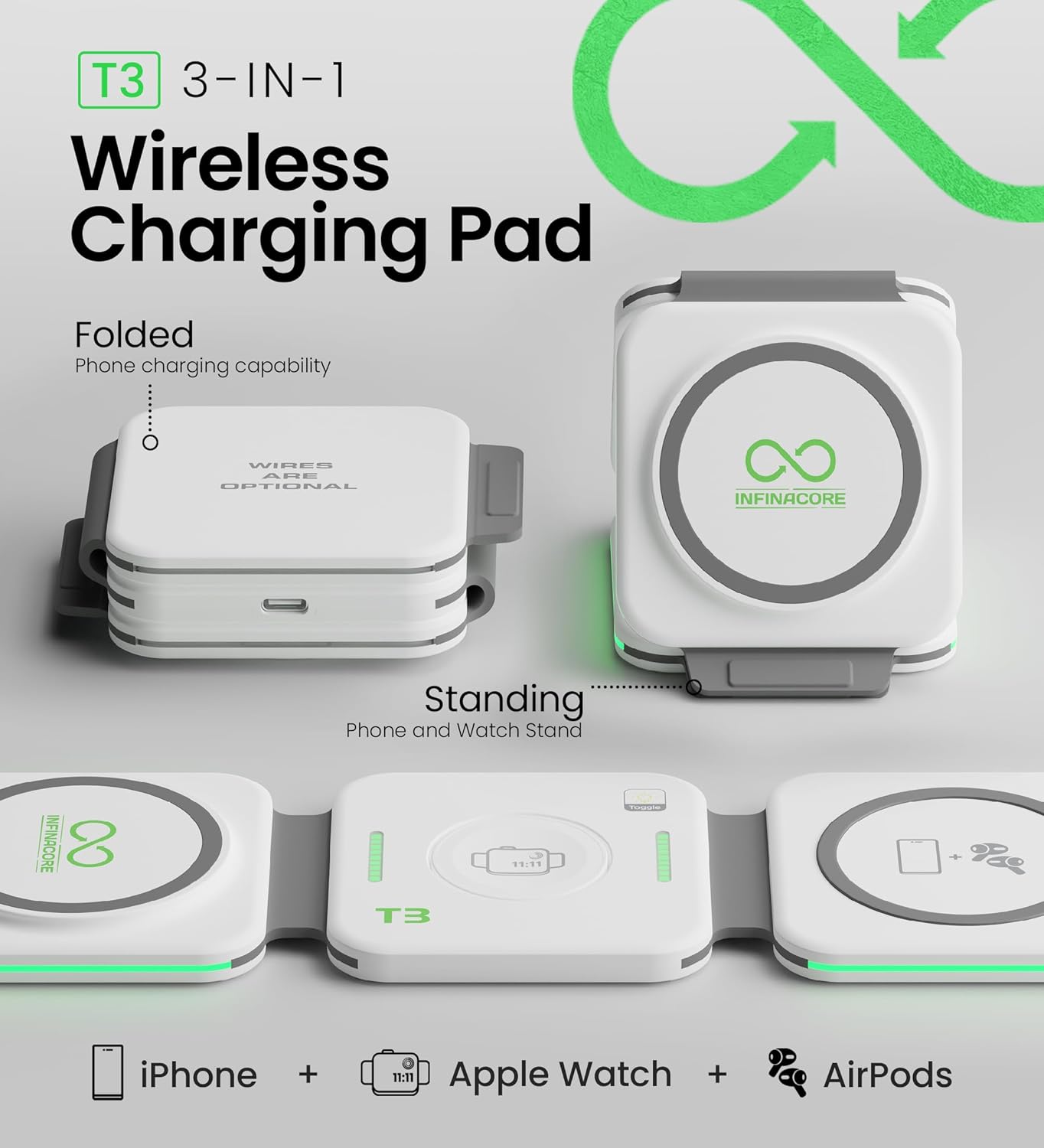 InfinaCore 3-in-1 Charging Station for Apple Devices - Travel Essentials- Magnetic Wireless Travel Charger - Foldable Charging Pad for Magsafe iPhone 16 15 14 13 12 Pro Max/Plus, AirPods & Apple Watch - Image 2