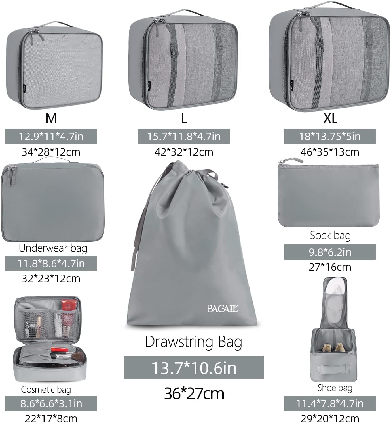 BAGAIL 8 Set Packing Cubes Luggage Packing Organizers for Travel Accessories-Pewter Color - Image 2
