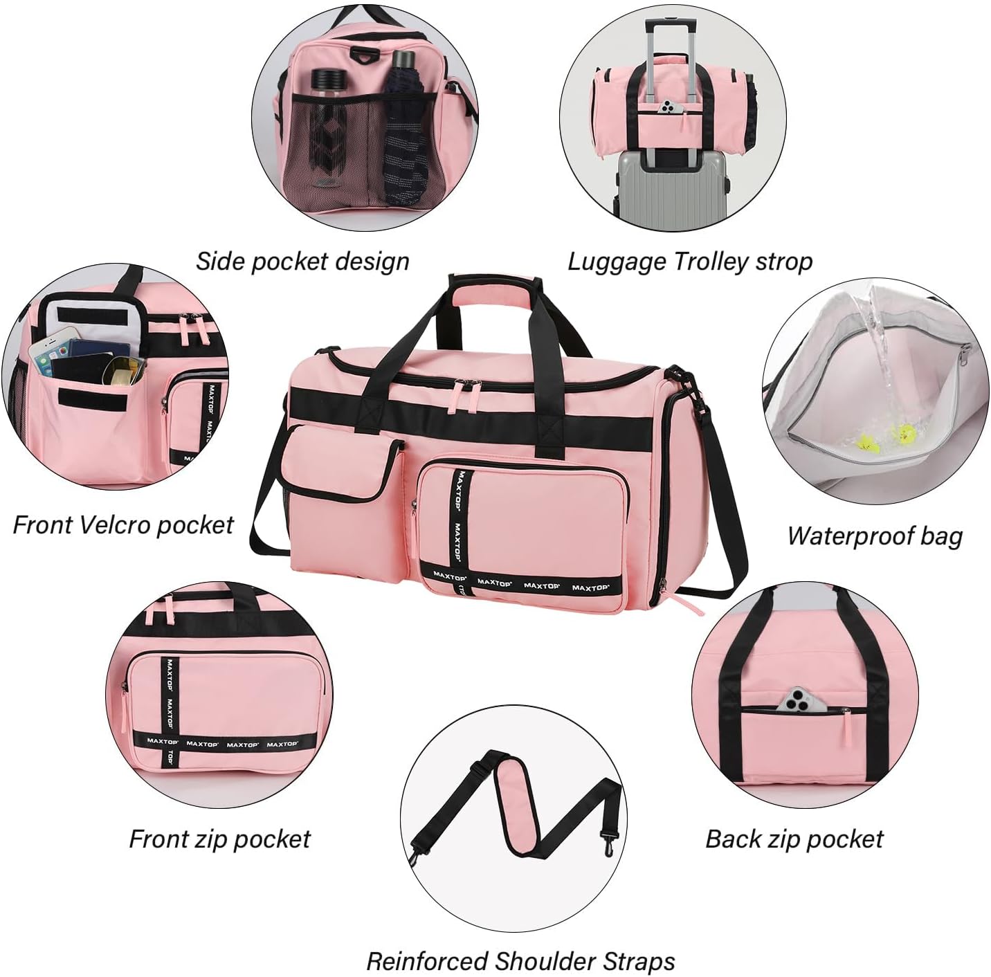 MAXTOP Gym Bag for Women Travel Duffle Carry On Tote Weekender Bag Large Capacity Pink Overnight Bag With Shoe Compartment Gym Tote with Dry and Wet Separation - Image 6
