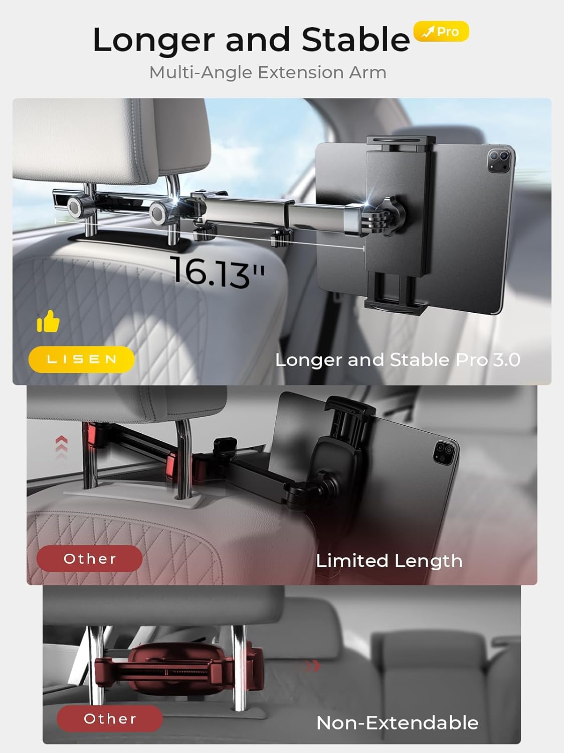 LISEN 3 in 1 for iPad Holder for Car Accessories for Women Interior Road Trip Essentials Camping Tablet Holder Backseat Car Organizer Car TV for Backseat Headrest iPad Car Mount Kids Fire Tablet - Image 5
