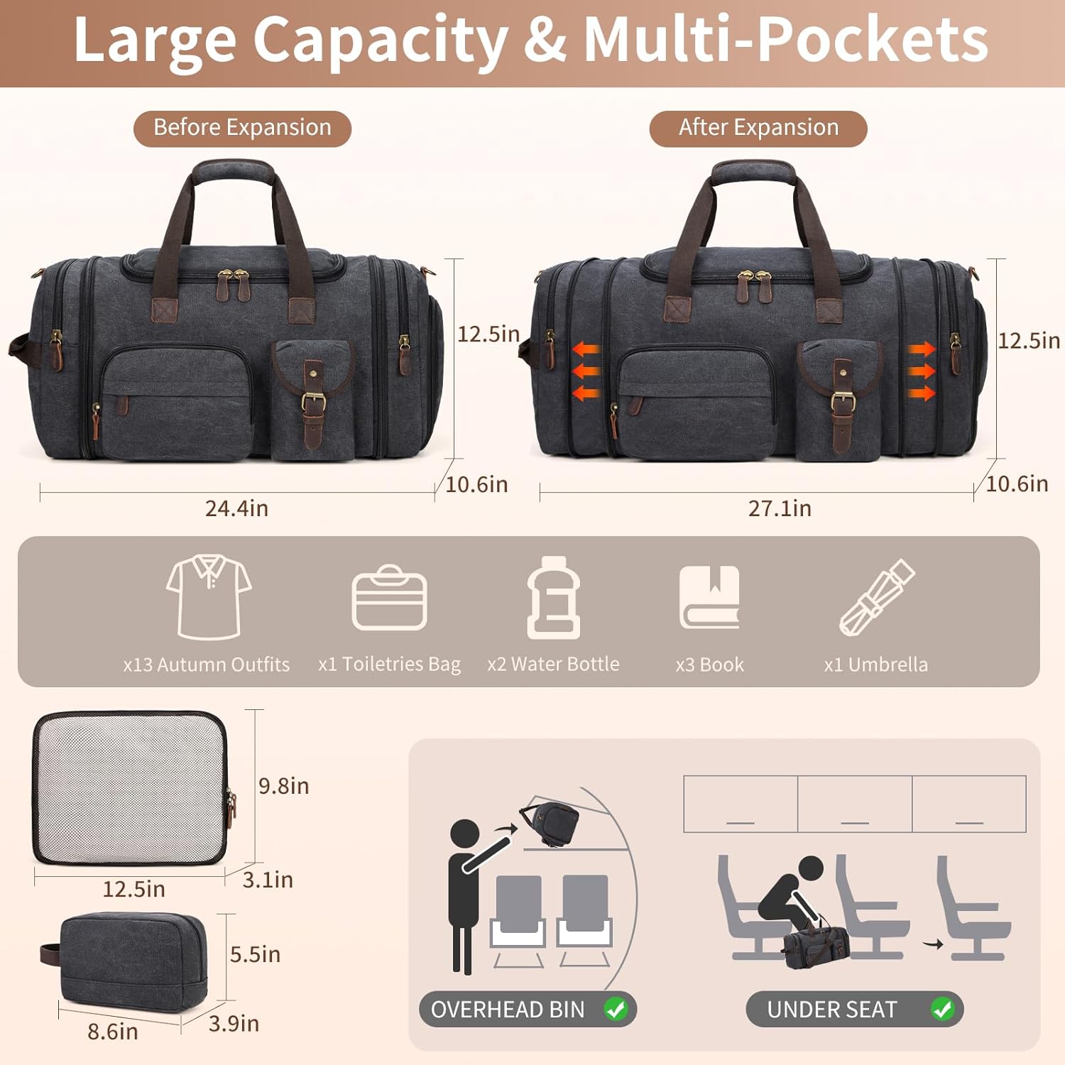 Mens Duffle Bag for Travel 3Pcs Set Travel Bags for Men 60L Expandable Canvas Bag (Dark Gray) - Image 4