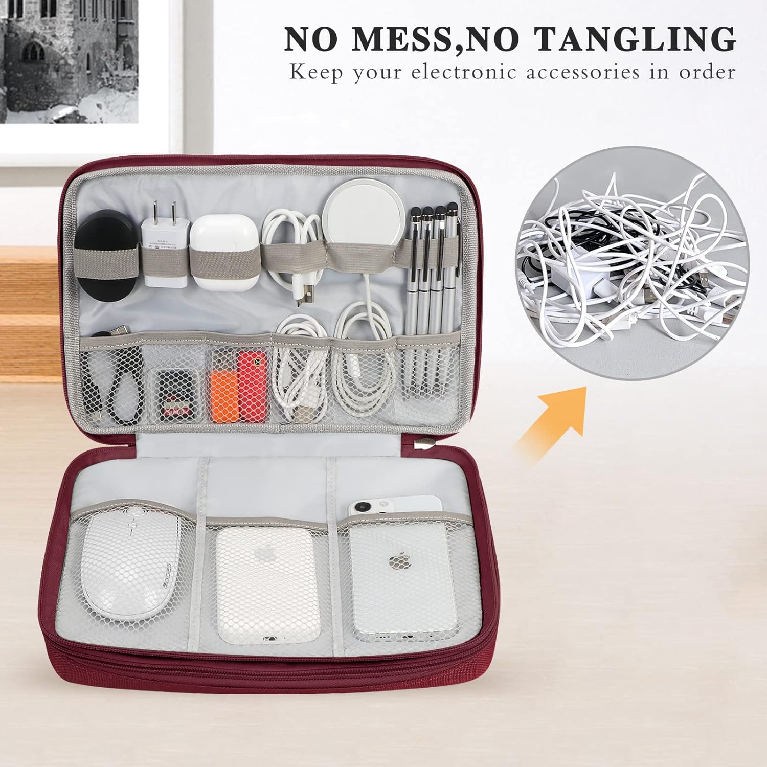 FYY Electronic Organizer, Travel Cable Organizer Bag Pouch Electronic Accessories Carry Case Portable Waterproof Double Layers All-in-One Storage Bag for Cable, Cord, Charger, Phone, Hard Drive Red - Image 4