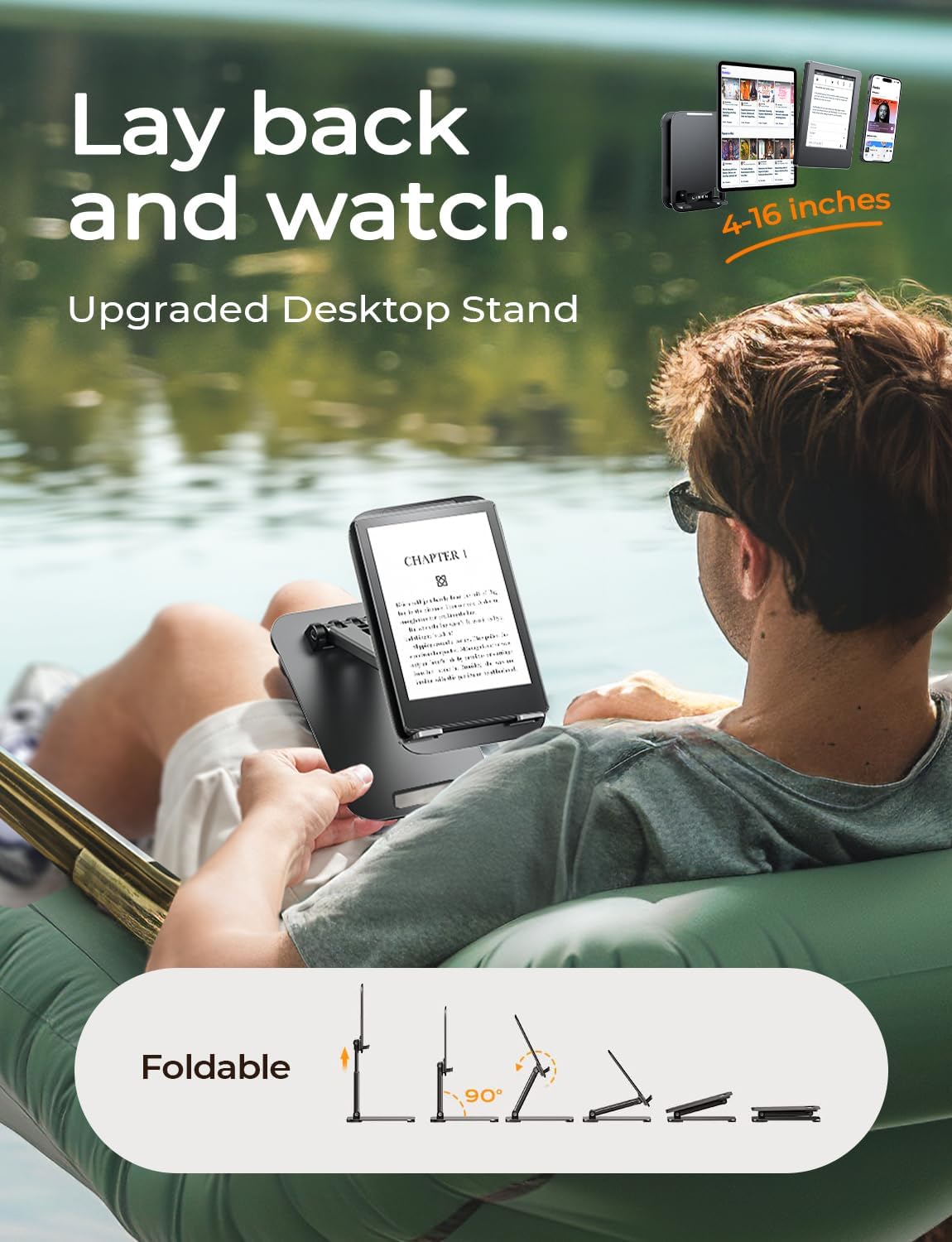 LISEN Tablet Stand for iPad Stand Holder Desk, Foldable Home Office Desk Accessories Travel for iPad Holder Dorm College Essentials Portable Monitor Stand Fits Tabs Kindle iPhone 4-15.9" Black - Image 5