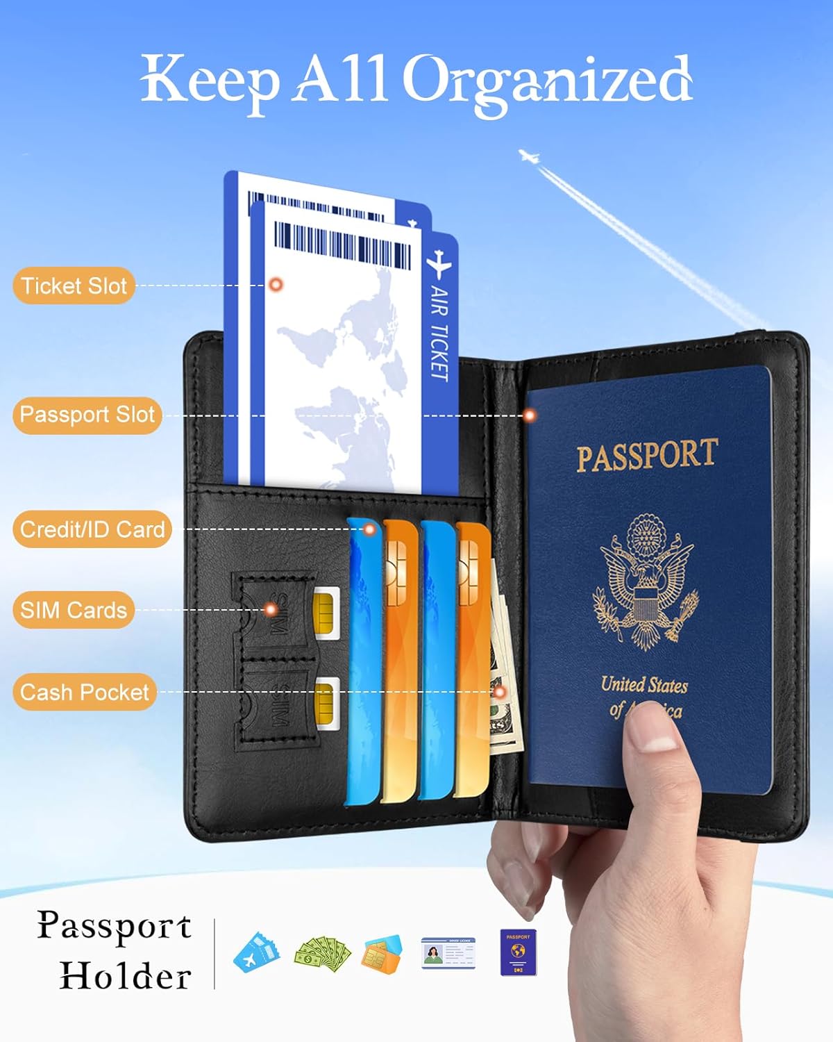Slohif Initial Passport Holder Cover Wallet Case for Travel Women - Leather Letter Passport Book Family Multiple Personalized Organizer Card Slots Protector Sleeve Essentials Slim Carrier Black M - Image 3