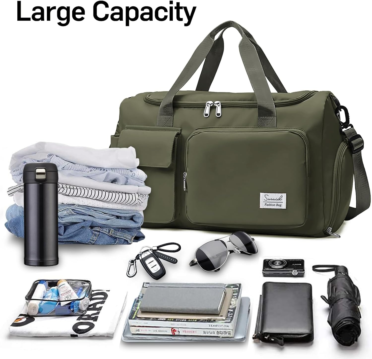 Travel Duffel Bag with Shoes Compartment Sports Gym Bag with Dry Wet Separated Pocket for Men and Women, Overnight Bag Weekender Bag Training Handbag Yoga Bag - Olive Green - Image 4