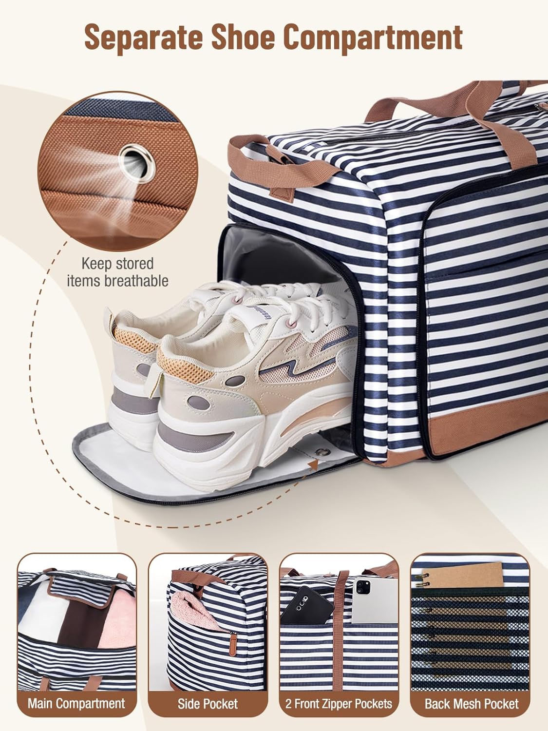 Lekesky Foldable Travel Duffle Bag for Women, 60L Large Duffel Bag with Separate Shoes Compartments & Straps, Carry On Weekend Bag for Women, Hospital, Overnight (Blue Stripes) - Image 4