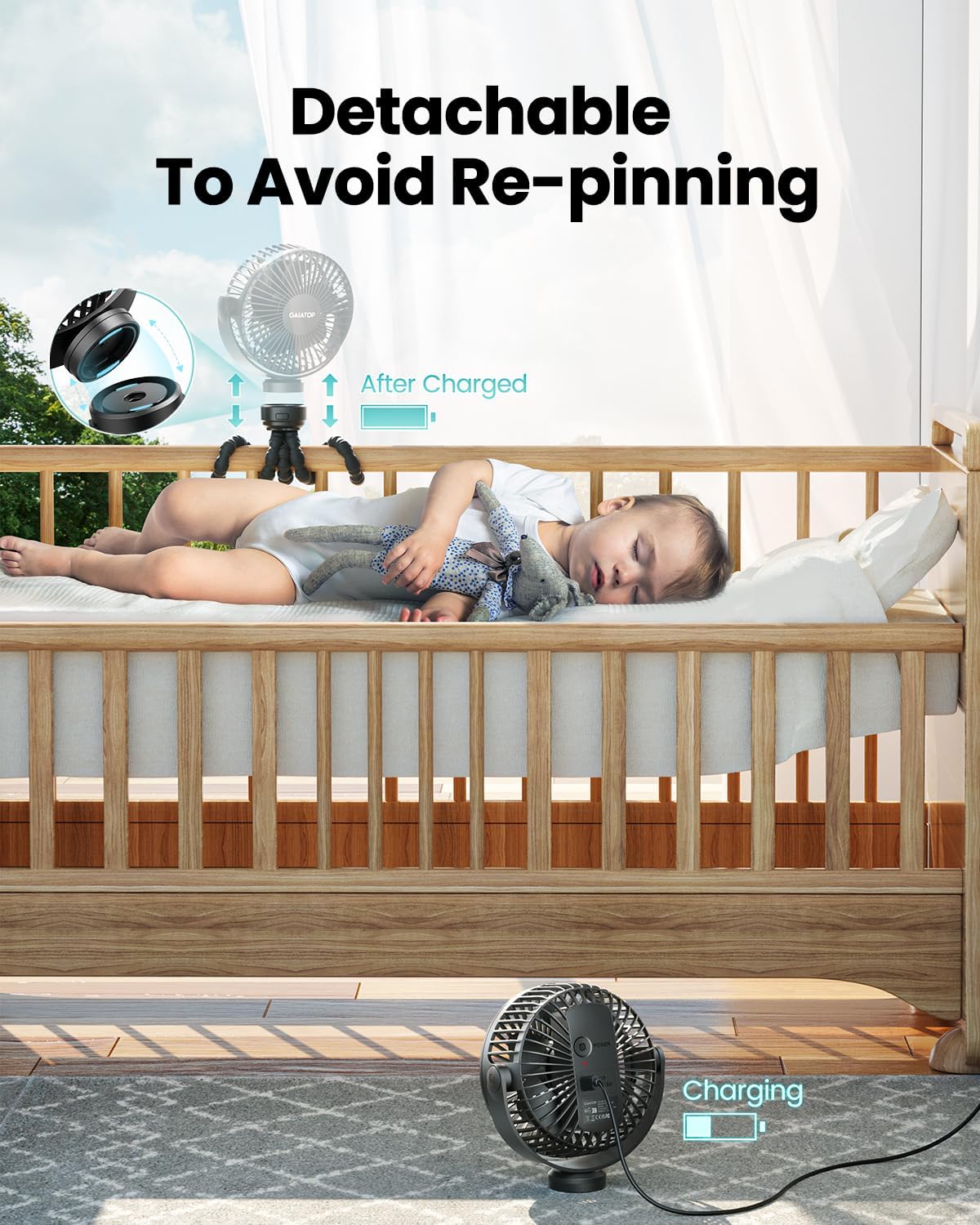 Gaiatop Mini Portable Stroller Fan, Battery Operated Small Clip on, Detachable 3 Speed Rechargeable, 360° Rotate Flexible Tripod Better Cooling for Car Seat Crib Treadmill Travel Black - Image 4