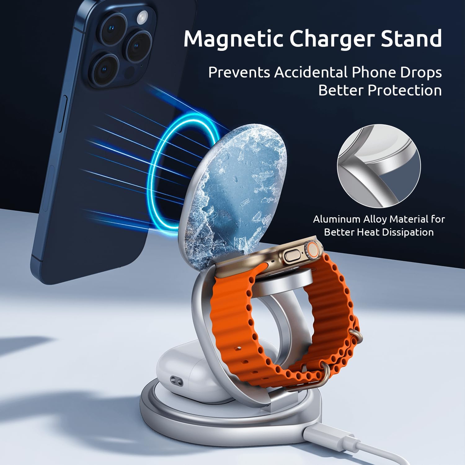 3 in 1 Charging Station for Apple Magsafe Travel Charger for Multiple Devices Aluminum Foldable Magnetic Wireless Charger with 360 Rotating for iPhone 16/15/14/13/12 Series,for iWatch,for Airpods - Image 5