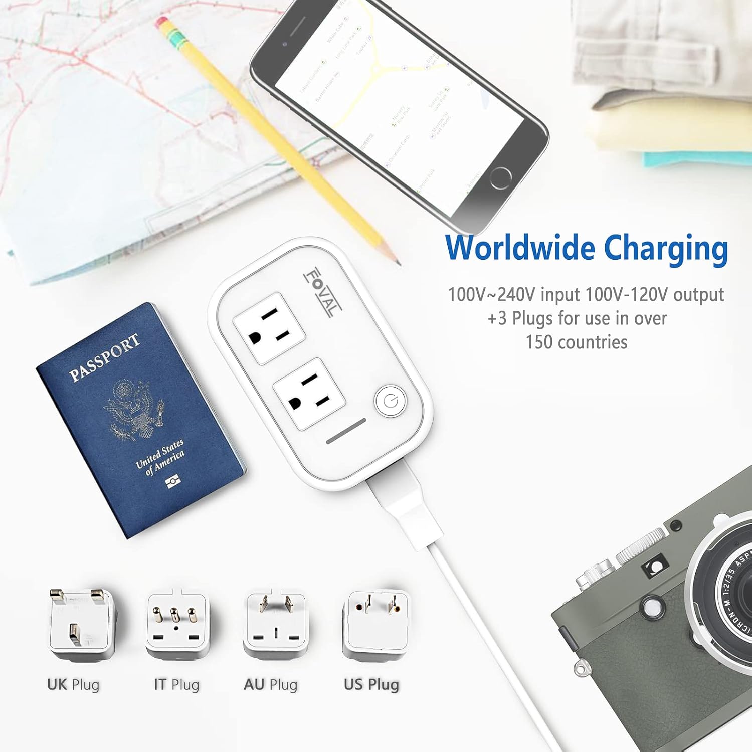 FOVAL Power Step Down 220V to 110V Travel Voltage Converter International Power Adapter for Hair Straightener/Curling Iron with 4-Port USB Charging US/UK/AU/IT/EU Universal Plug Adapter White - Image 7