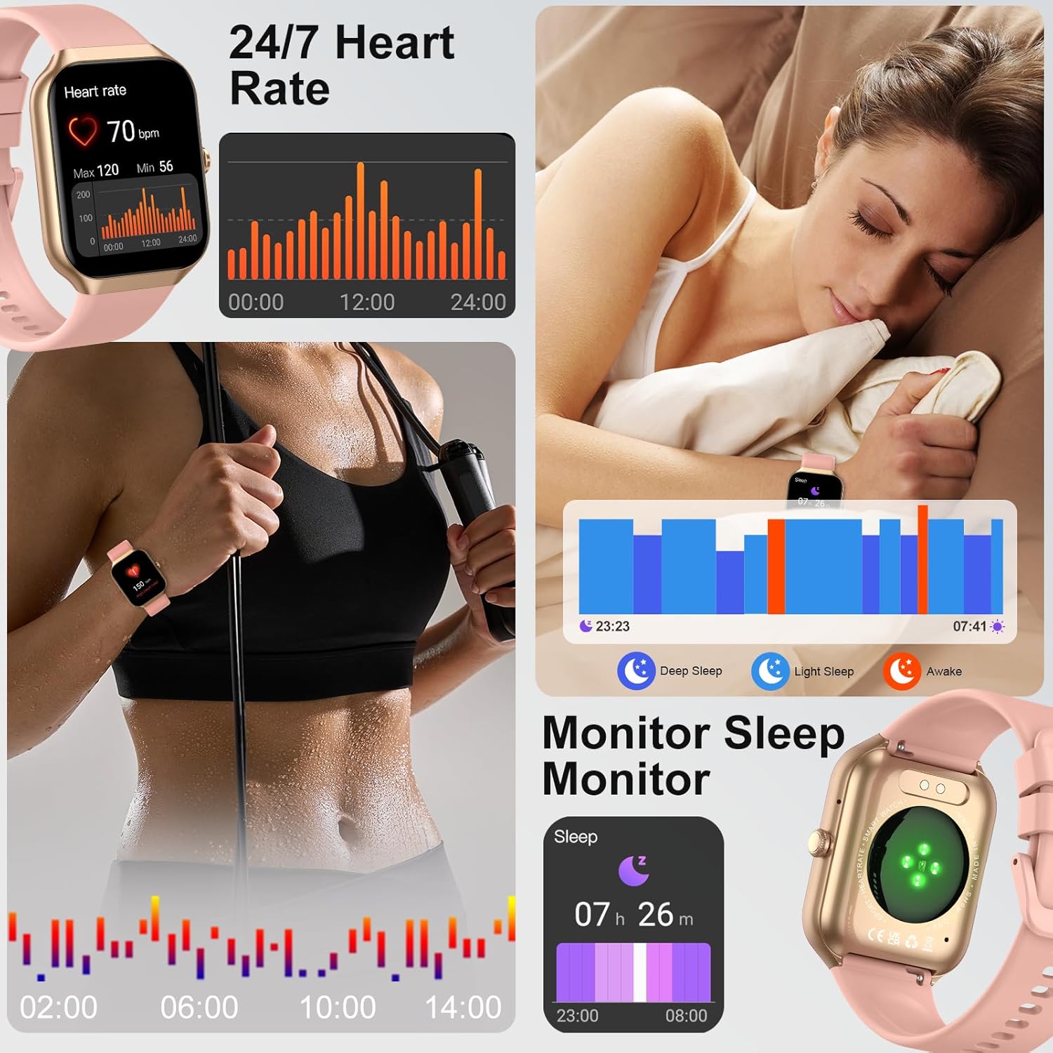 Smart Watch for Women, 1.96"HD Smartwatch (Answer/Make Call) with Heart Rate/Sleep Monitor/Spo2/Pedometer, Fitness Activity Tracker 113+ Sport Modes IP68 Waterproof Watches Women for Android iOS Pink - Image 3