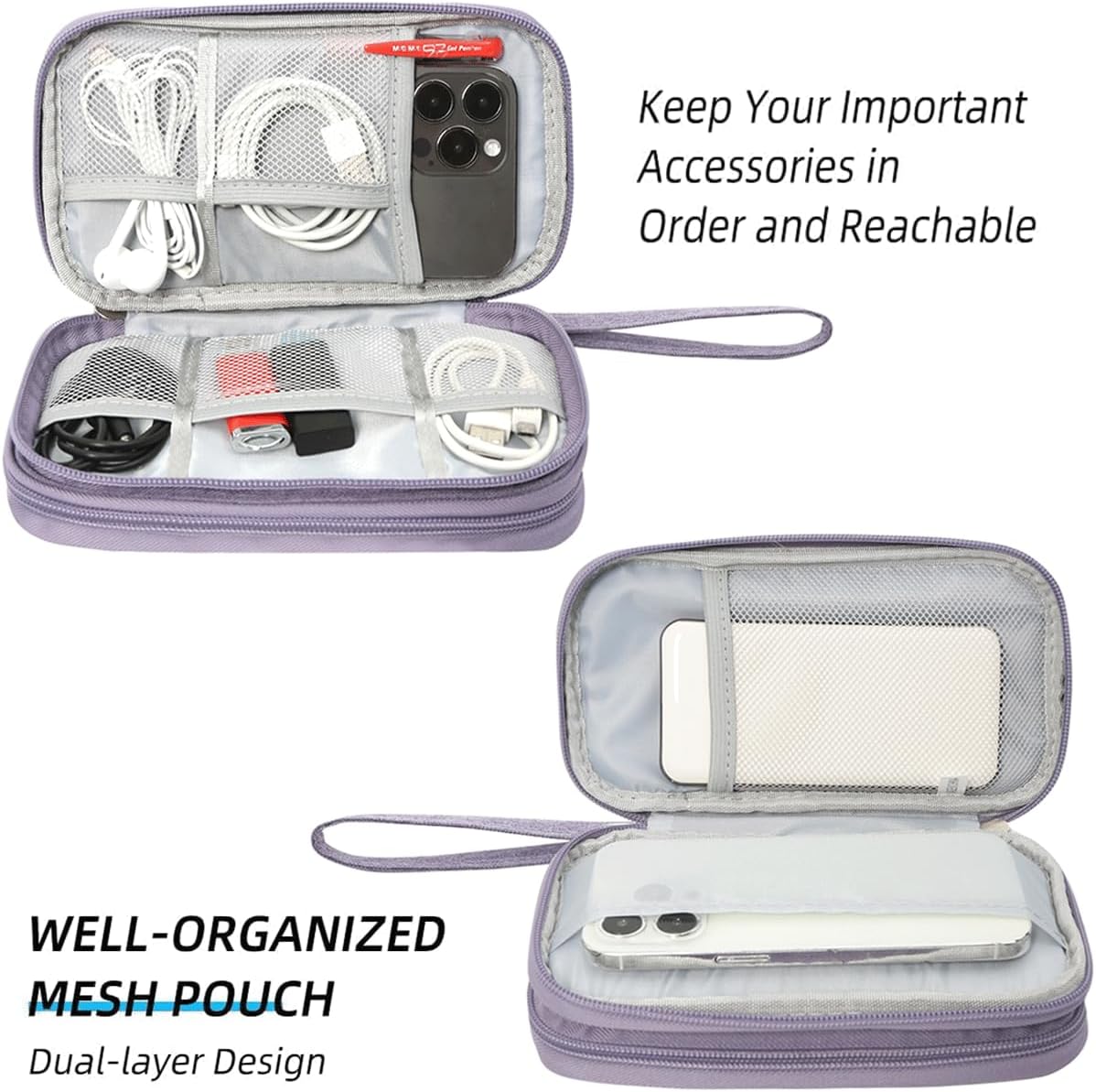 Travel Electronic Organizer Pouch Bag, Waterproof Portable Electronic Accessories Storage Multifunctional Case for USB, Cable, Cord, Charger, Phone, Power Bank, Earphone (Purple, Large) - Image 5