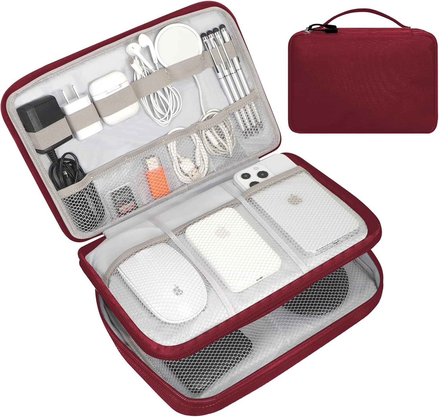 FYY Electronic Organizer, Travel Cable Organizer Bag Pouch Electronic Accessories Carry Case Portable Waterproof Double Layers All-in-One Storage Bag for Cable, Cord, Charger, Phone, Hard Drive Red