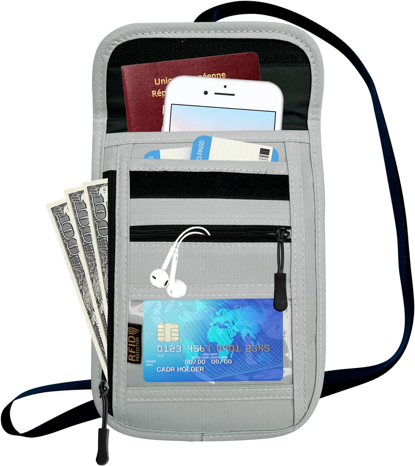 RFID Blocking Travel Neck Wallet Pouch and Passport Holder, Travel Neck Pouch Passport Holder for Women & Men - Gray - Image 2