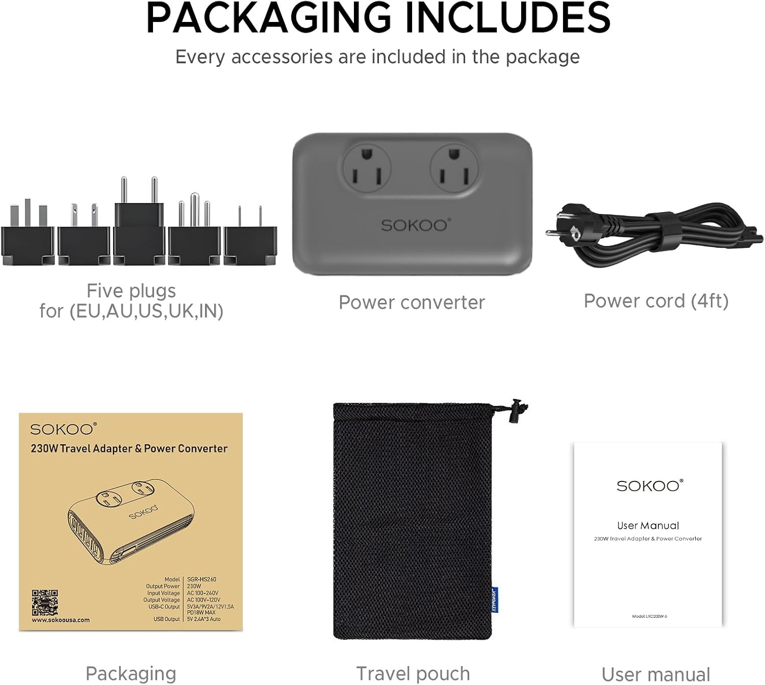 SOKOO 230-Watt Step Down 100-220V to 110V Voltage Converter, International Power Converter/Travel Adapter- Use for EU/UK/AU/US/India More Than 150 Countries, USB Quick Charger 3.0 Grey - Image 5