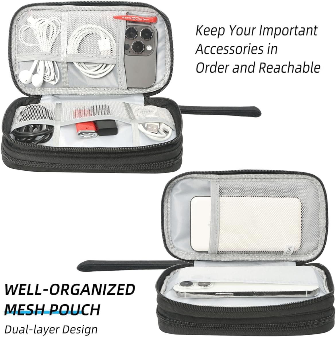 Electronics Organizer Travel Case, 2 Pack Electronic Accessories Carry Case, Waterproof Cable Organizer Bag for Cable, Cord, USB Charger, Phone, Power Bank, Earphone (Small+Big, Black) - Image 4