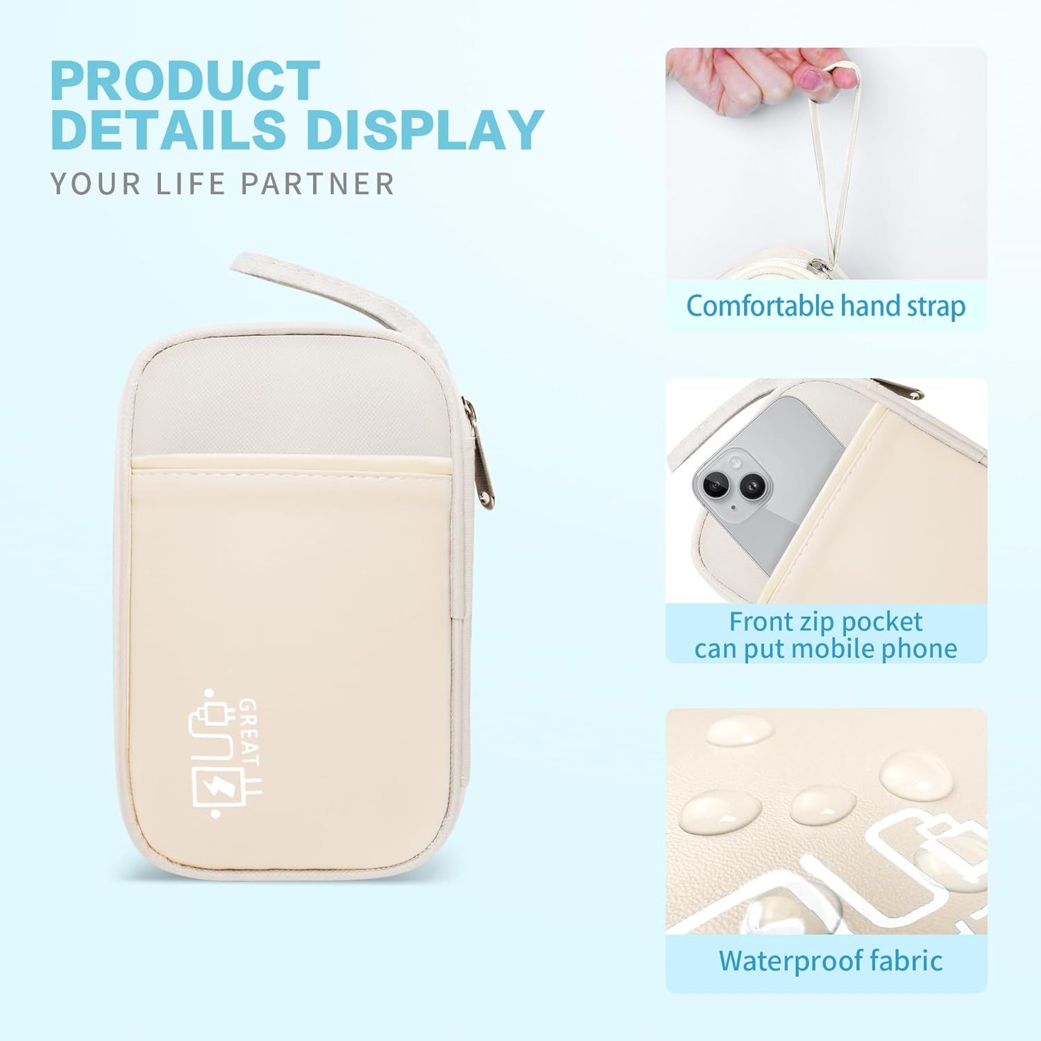 Electronics Travel Organizer,Portable Waterproof Electronic Travel Storage Bag for Small Charging Cord Storage,Charger,Small Electronics,SD Card etc,for Travel,Business -Beige - Image 4