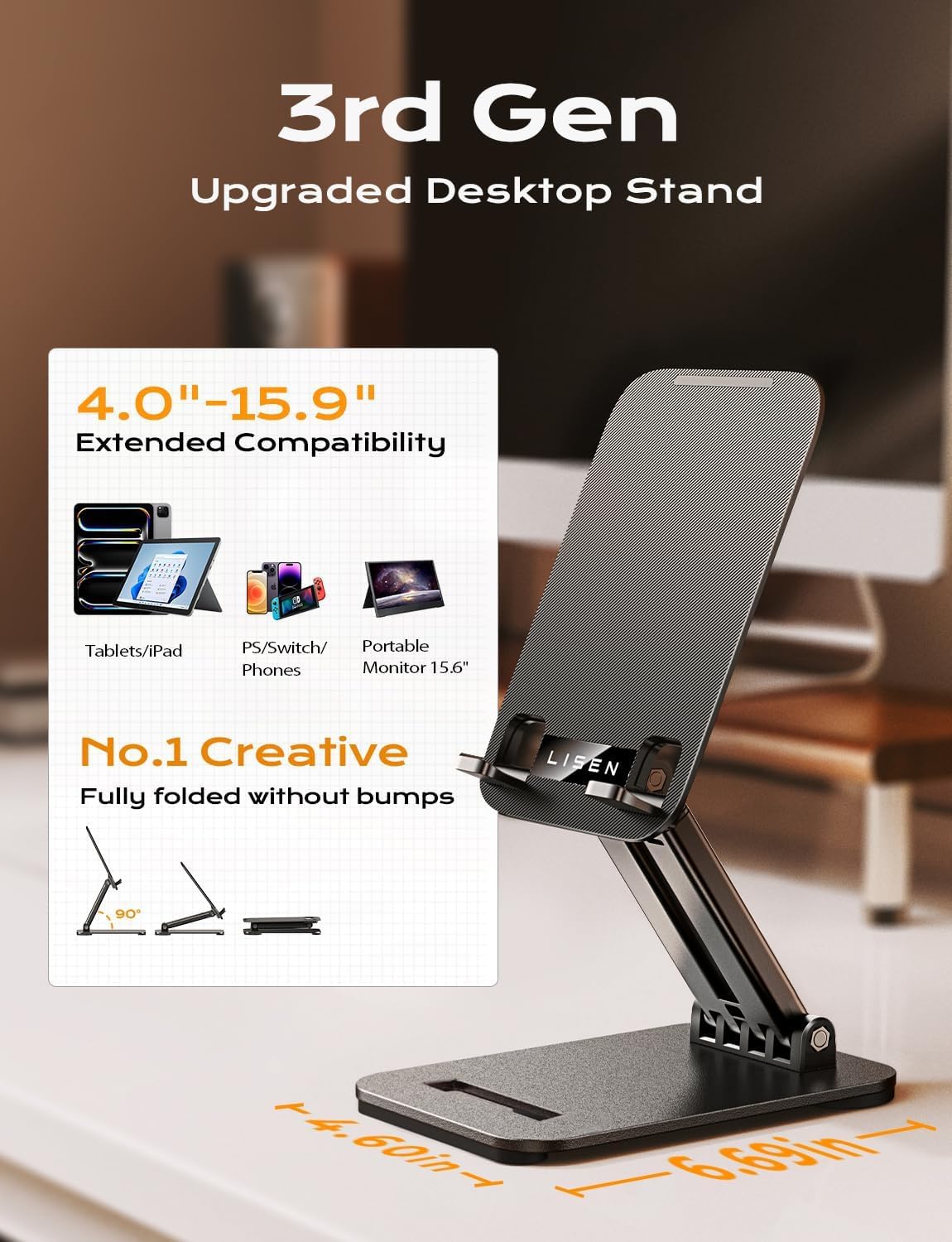 LISEN Tablet Stand for iPad Stand Holder Desk, Foldable Home Office Desk Accessories Travel for iPad Holder Dorm College Essentials Portable Monitor Stand Fits Tabs Kindle iPhone 4-15.9" Black - Image 2