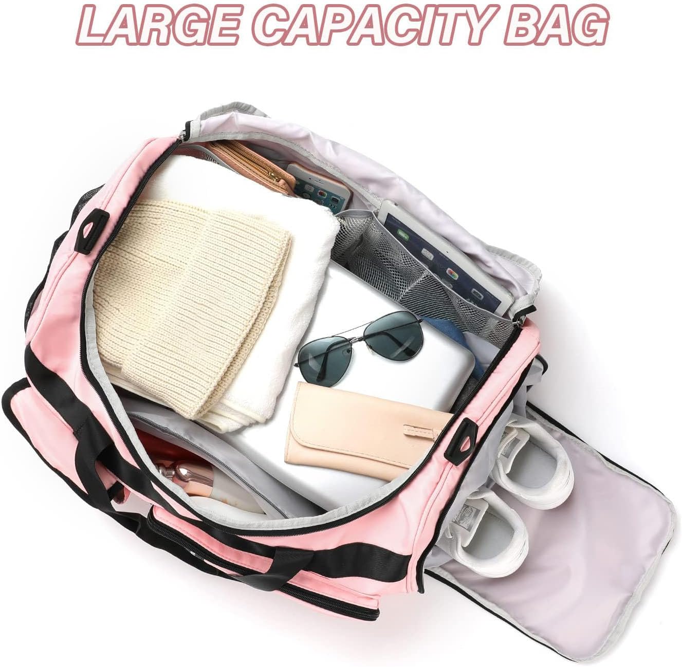 MAXTOP Gym Bag for Women Travel Duffle Carry On Tote Weekender Bag Large Capacity Pink Overnight Bag With Shoe Compartment Gym Tote with Dry and Wet Separation - Image 4
