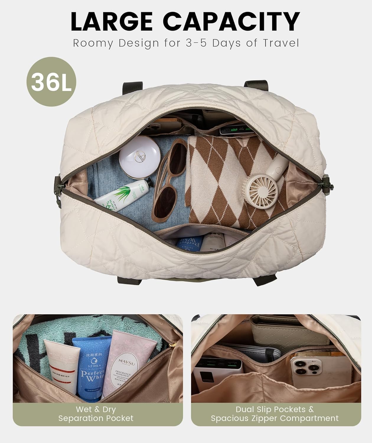 LOVEVOOK Weekender Bags for Women, Puffer Travel Duffel Bags for Woman, Large Hospital Bag for Women Labor Delivery with Shoe Compartment, Carry On Overnight Bag, Personal Item Travel Bag for Airplane - Image 5