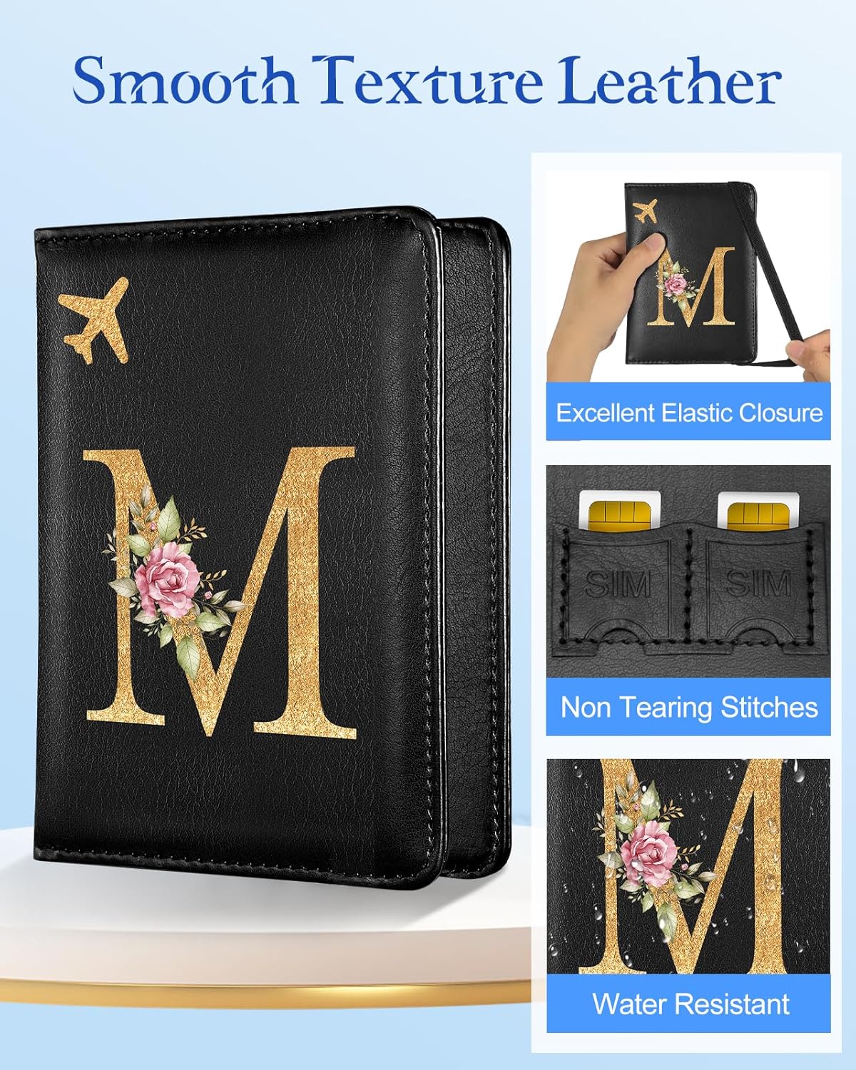 Slohif Initial Passport Holder Cover Wallet Case for Travel Women - Leather Letter Passport Book Family Multiple Personalized Organizer Card Slots Protector Sleeve Essentials Slim Carrier Black M - Image 4