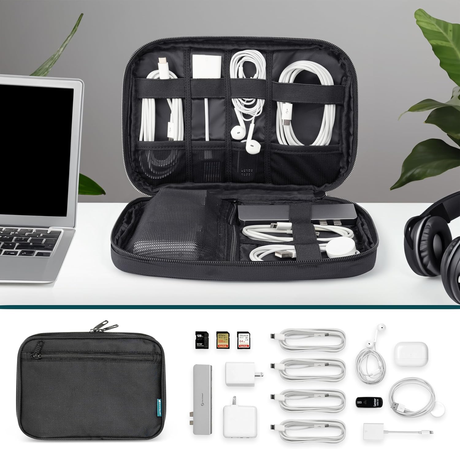 PAVILIA Soft Electronic Organizer Travel Case, Travel Cord Organizer Bag, Small Cable Tech Storage Pouch, Travel Accessories Essentials Must Haves for Mobile Phone, USB, Cord, Charger, Black - Image 3
