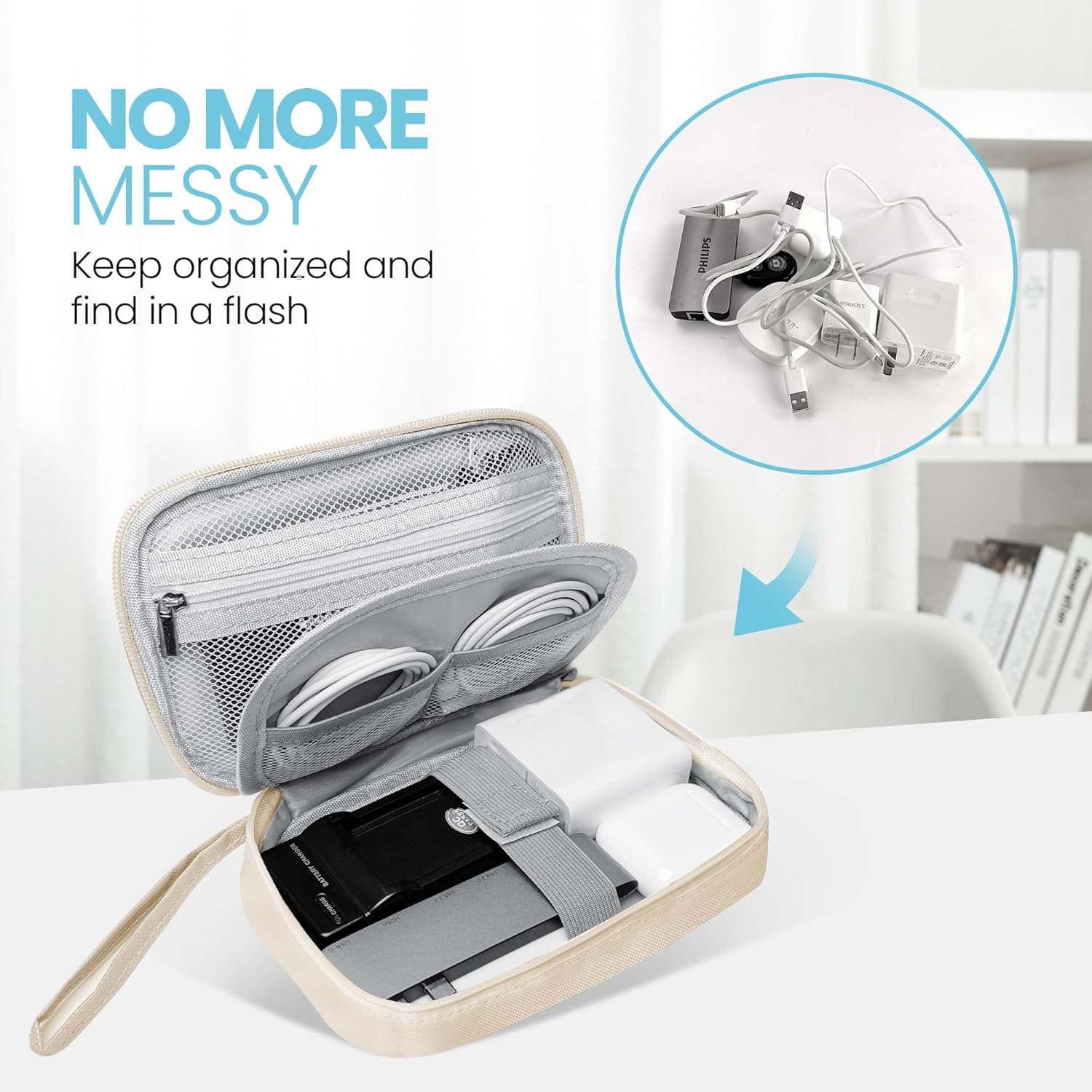 Electronics Travel Organizer,Portable Waterproof Electronic Travel Storage Bag for Small Charging Cord Storage,Charger,Small Electronics,SD Card etc,for Travel,Business -Beige - Image 2