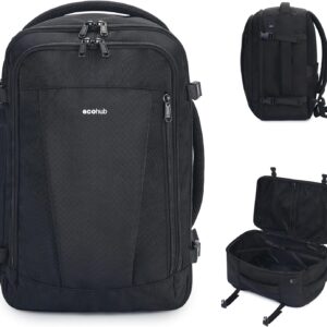 ECOHUB Travel Backpack 18x14x8 Spirit Airlines Personal Item Bag Carry On Backpack 13 Pockets Large Work Casual Daypack for men Airline Approved Waterproof Gym Backpack with Charging Port, Black