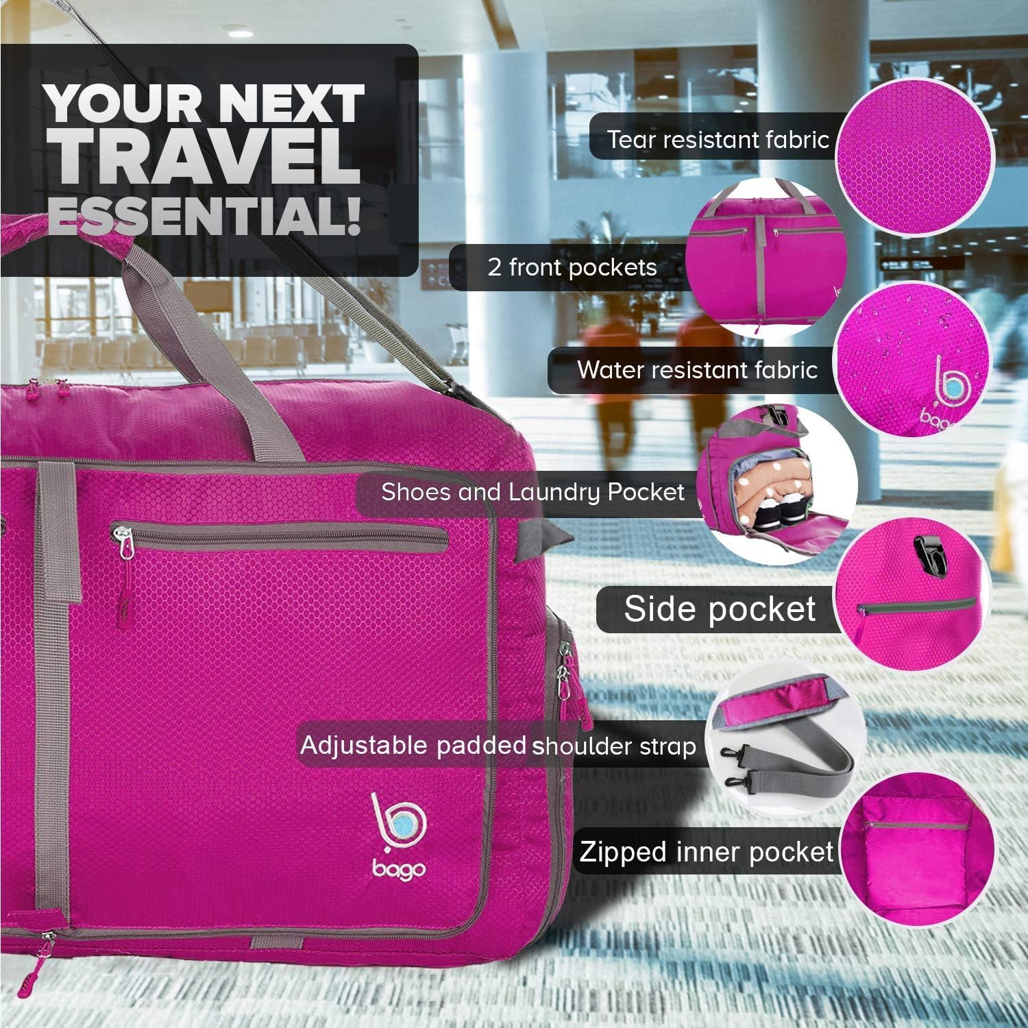 Bago Foldable Duffel Bags for Traveling Women & Men - 60L Medium Packable Duffle Bag for Travel with Shoe Compartment - Water Repellant, Heavy Duty, Lightweight Folding & Collapsible (Pink) - Image 2
