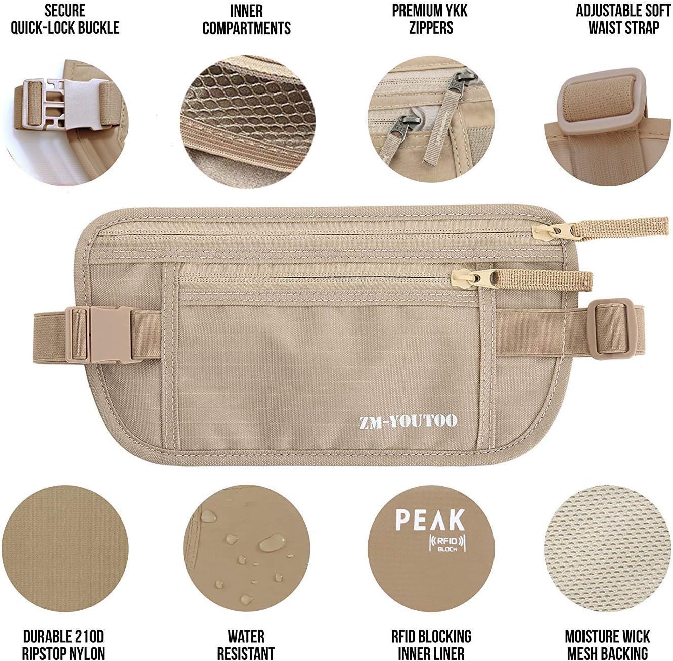 Money Belt for Travel - Hidden Travel Pouch Protect Your Credit and Money With RFID Blocking Passport Holder Waist Wallet (Khaki) - Image 3